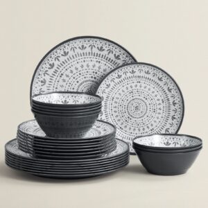 joviton home 24pcs bohemia gray melamine plastic dinnerware sets for 8,outdoor plates and bowls sets for 8 (gray)