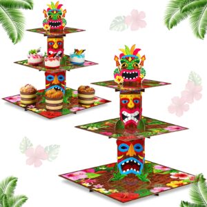 3 tier hawaiian cupcake stand tiki torch cupcake holder luau theme cake holder decorations tropical cupcake dessert holder for summer pool beach birthday party supplies (2 packs)