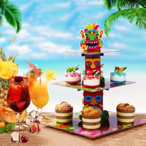 3 Tier Hawaiian Cupcake Stand Tiki Torch Cupcake Holder Luau Theme Cake Holder Decorations Tropical Cupcake Dessert Holder for Summer Pool Beach Birthday Party Supplies (2 Packs)