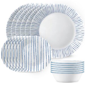 corelle 18-piece dinnerware set, service for 6, lightweight round plates and bowls set, vitrelle triple layer glass, chip resistant, microwave and dishwasher safe, nautical stripes