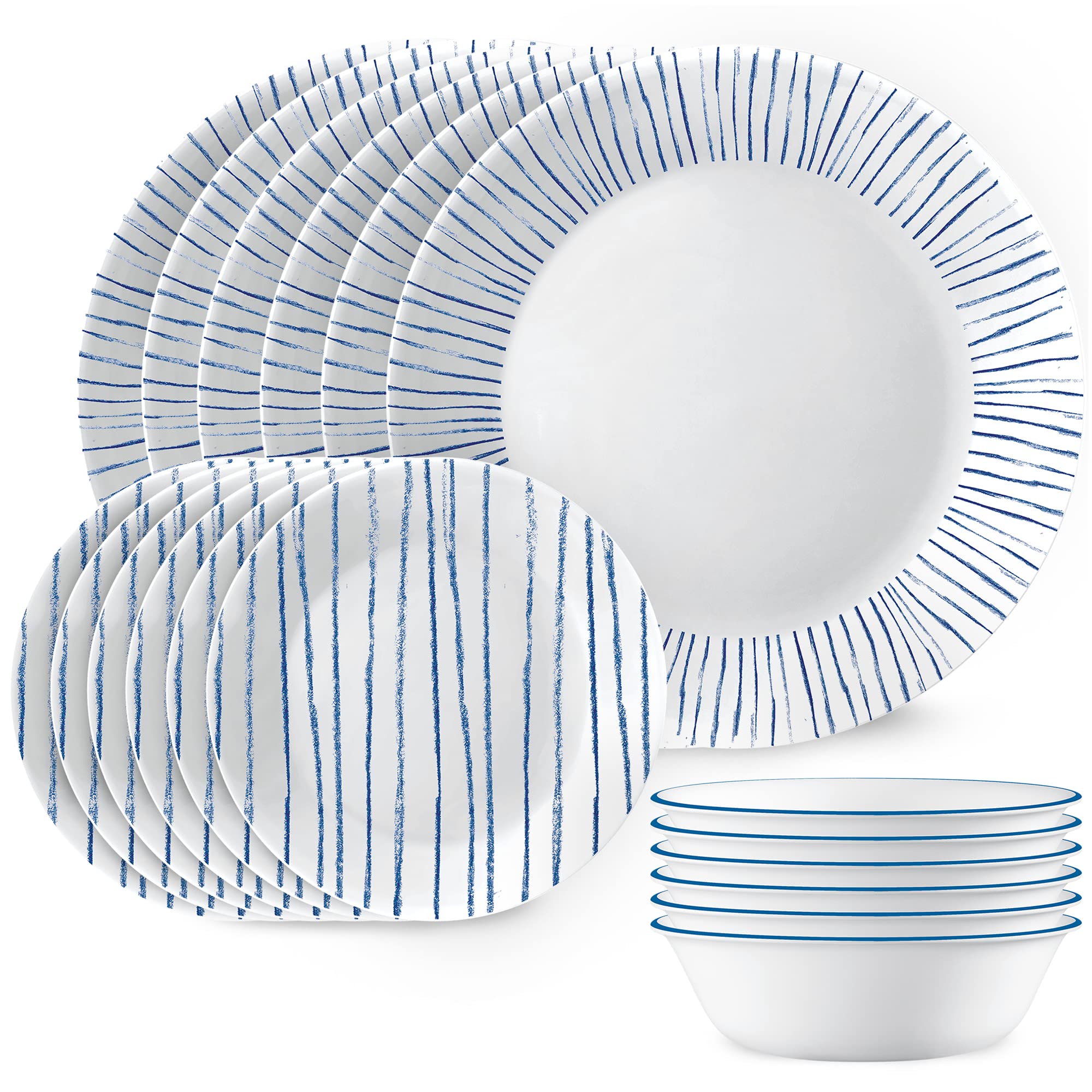 Corelle 18-Piece Dinnerware Set, Service for 6, Lightweight Round Plates and Bowls Set, Vitrelle Triple Layer Glass, Chip Resistant, Microwave and Dishwasher Safe, Nautical Stripes