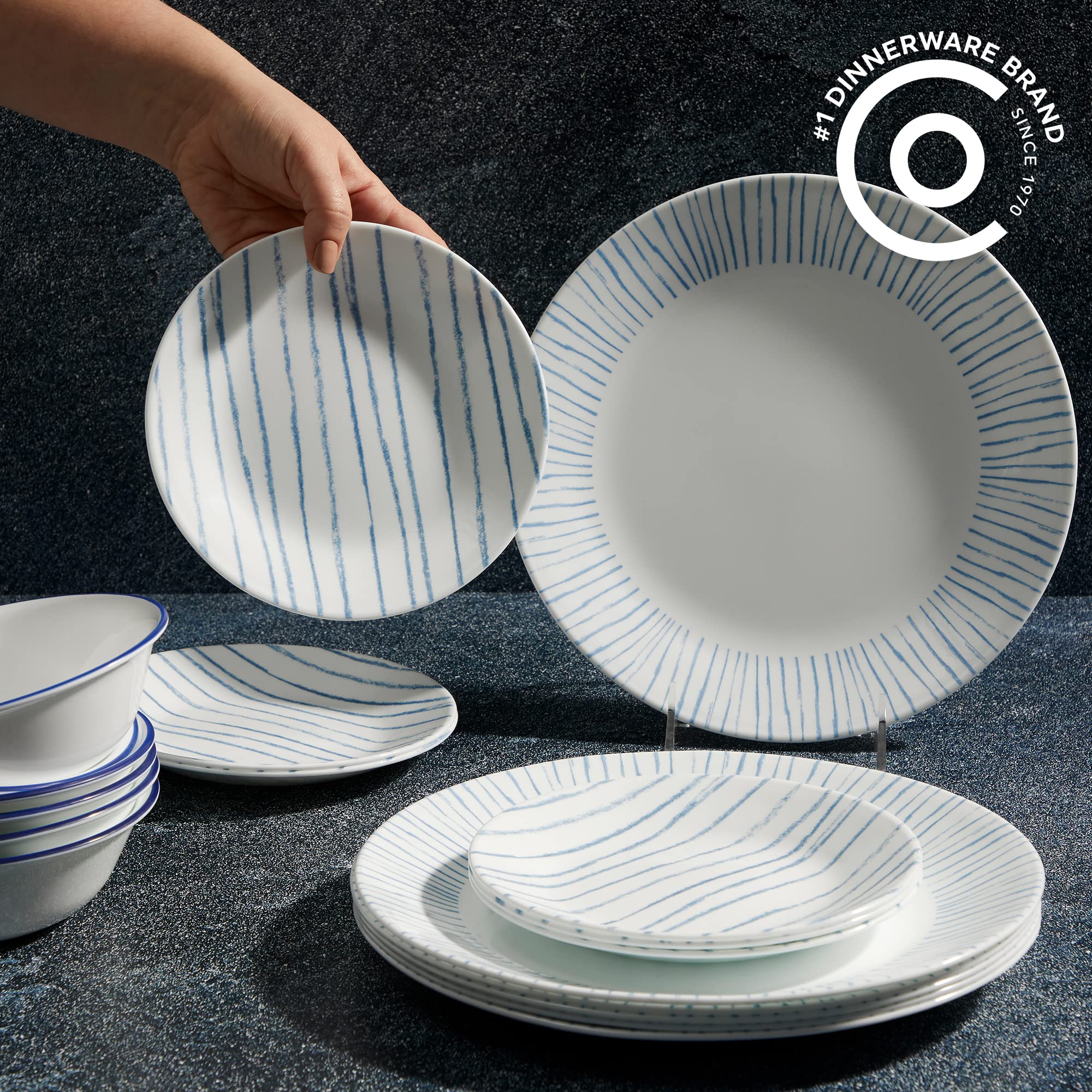 Corelle 18-Piece Dinnerware Set, Service for 6, Lightweight Round Plates and Bowls Set, Vitrelle Triple Layer Glass, Chip Resistant, Microwave and Dishwasher Safe, Nautical Stripes