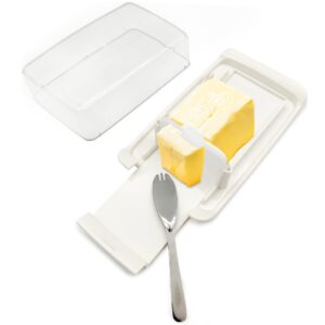 izoi-plastic butter dish with lid for countertop and refrigerator-butter keeper, holder, tray, container and storage set with flip-top, wide, small, covered design, food safe, dishwasher safe