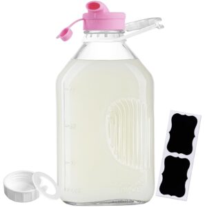 1 pack 1/2 gal glass milk bottle with pour spout, reusable airtight screw lid - glass water bottles - glass juice bottles for water, almond milk, 64 oz glass milk jug pitcher with 2 exact scale lines