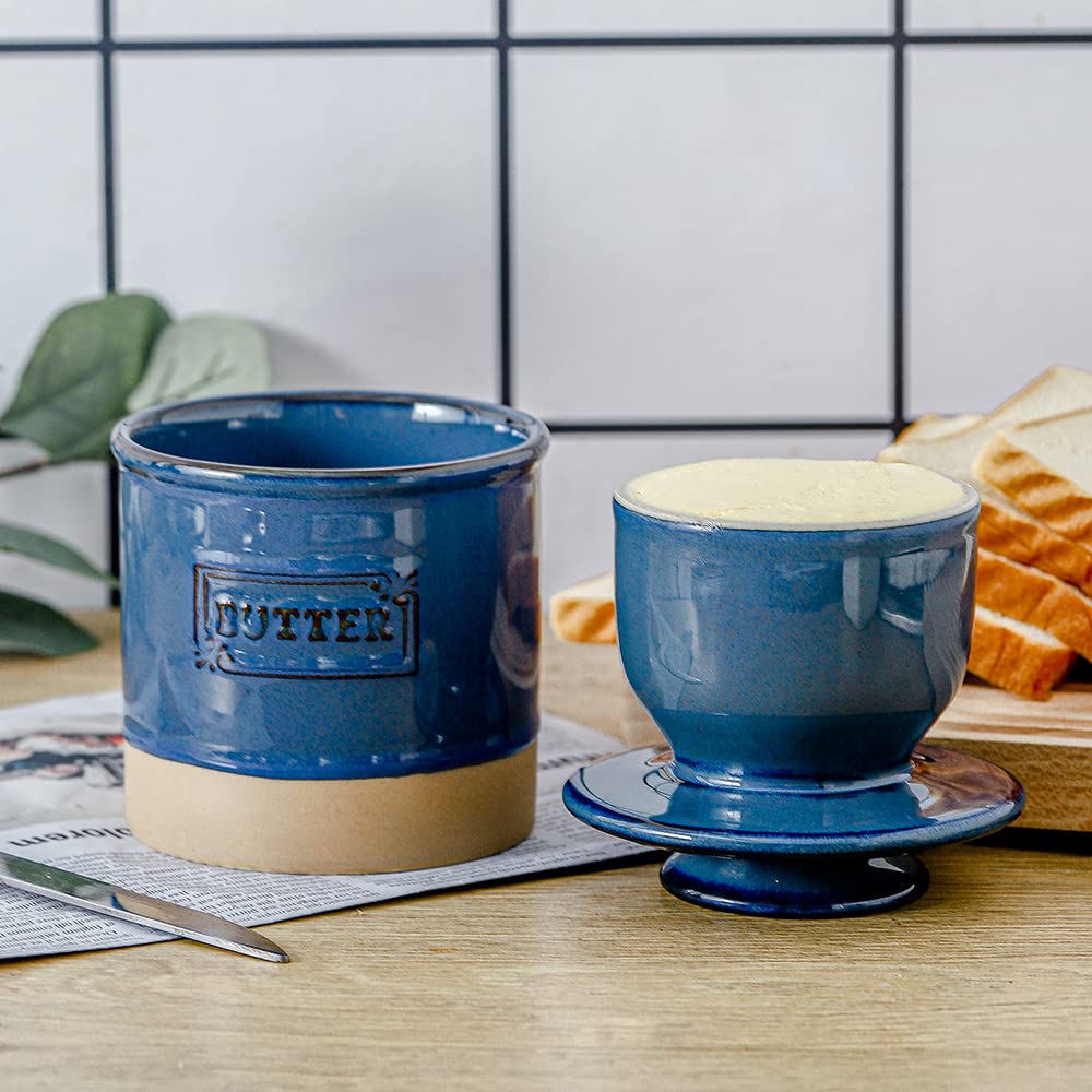 HVH Ceramic Butter Crock, French Butter Dish with Lid for Countertop, Butter Keeper for Counter, Butter Crock with Water, Butter Holder for Soft Butter, Farmhouse Style(Blue)