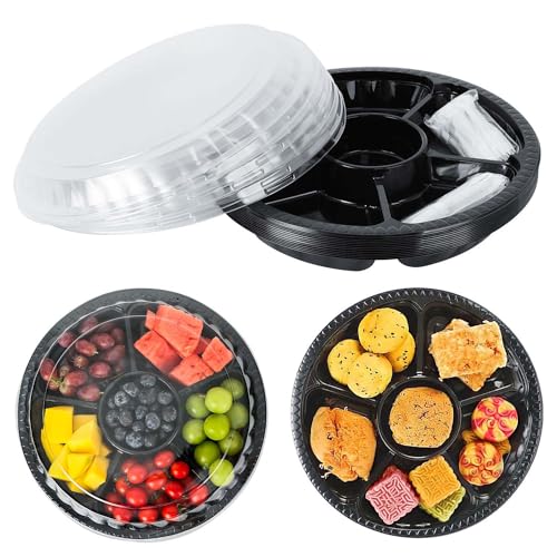 12 Pack Round Appetizer Serving Tray with Lids with Fork 6 Divided Serving Tray, Disposable Food Storage Containers, Plastic Tray Storage, Snack, Vegetable Fruit Plastic Trays for Party and Buffet