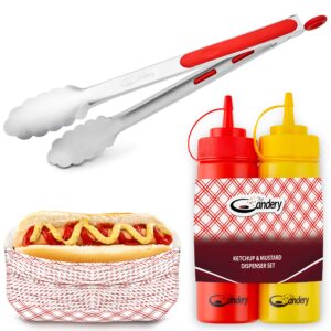 the candery all-in-one hot dog accessories set- ketchup & mustard squeeze bottles - bbq tongs - 50 red/white hot dog trays for carnivals, bbqs, picnics, concession stands (tongs,trays squeeze bottles)