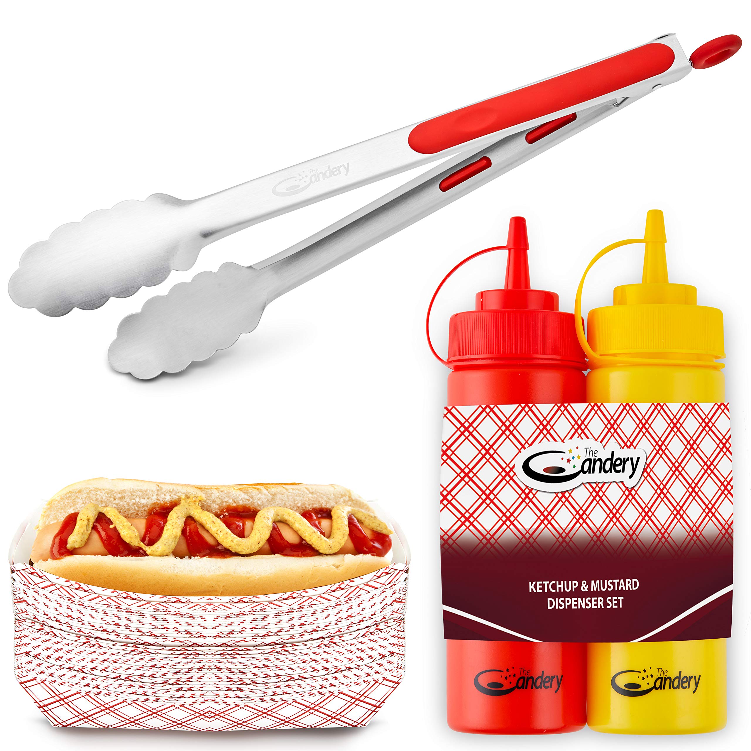 The Candery All-in-One Hot Dog Accessories Set- Ketchup & Mustard Squeeze Bottles - BBQ Tongs - 50 Red/White Hot Dog Trays for Carnivals, BBQs, Picnics, Concession Stands (Tongs,Trays Squeeze Bottles)