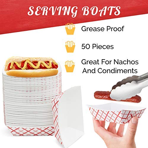 The Candery All-in-One Hot Dog Accessories Set- Ketchup & Mustard Squeeze Bottles - BBQ Tongs - 50 Red/White Hot Dog Trays for Carnivals, BBQs, Picnics, Concession Stands (Tongs,Trays Squeeze Bottles)
