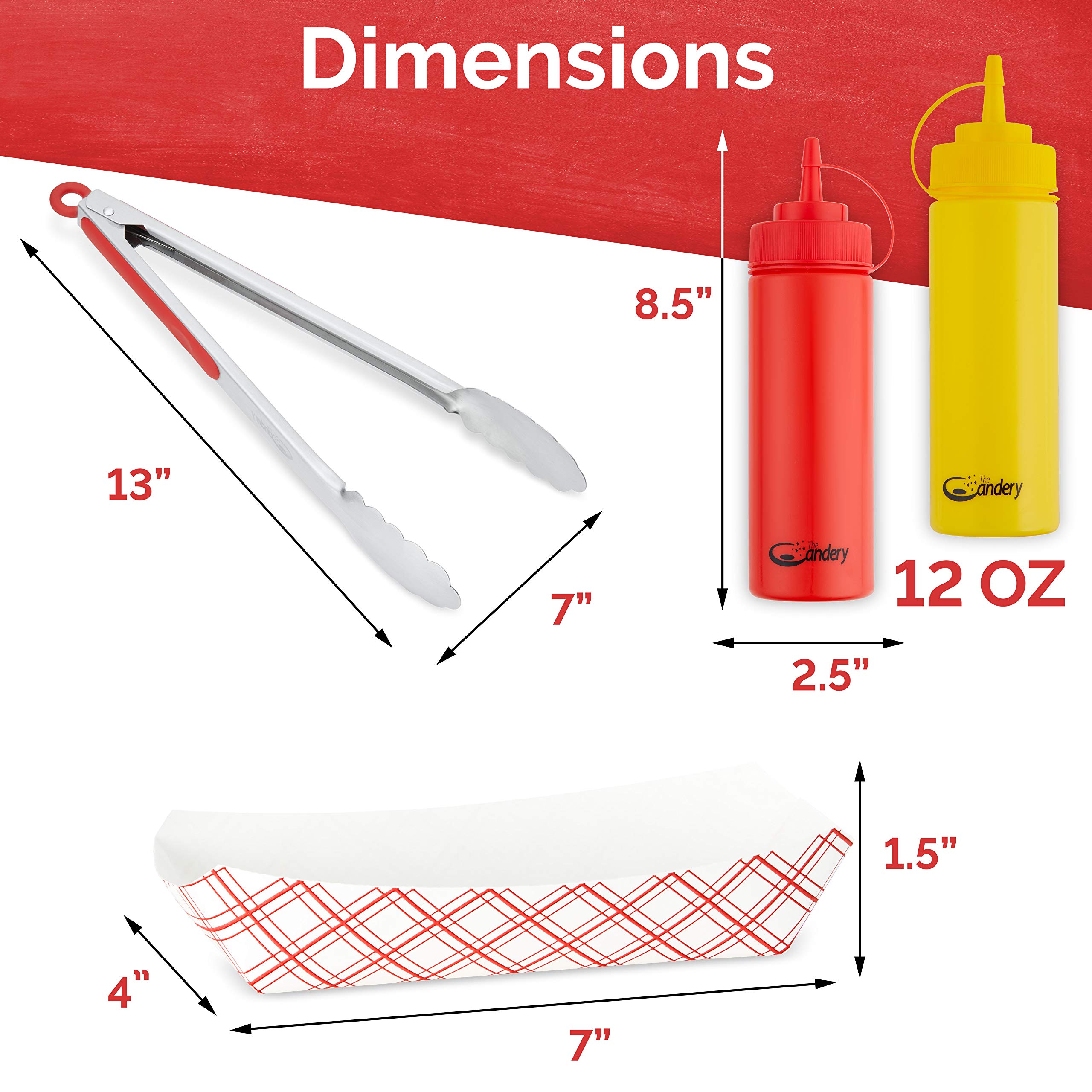 The Candery All-in-One Hot Dog Accessories Set- Ketchup & Mustard Squeeze Bottles - BBQ Tongs - 50 Red/White Hot Dog Trays for Carnivals, BBQs, Picnics, Concession Stands (Tongs,Trays Squeeze Bottles)