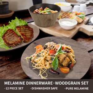 FELOVUWON Melamine Dinnerware Set 12pcs Dinner Plates and Bowls Sets for 4 Dishwasher Safe Camping Dishes Set Unbreakable Salad Plates for Casual Indoor Outdoor Dining Party RV Camping (Wood Grain)