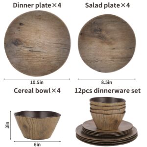 FELOVUWON Melamine Dinnerware Set 12pcs Dinner Plates and Bowls Sets for 4 Dishwasher Safe Camping Dishes Set Unbreakable Salad Plates for Casual Indoor Outdoor Dining Party RV Camping (Wood Grain)