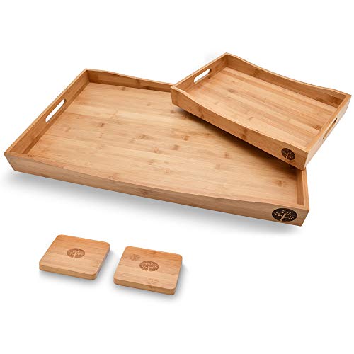 SJ Kitchen & Dining Wooden Serving Tray Set of 2 - Extra Large Tray with Handles 26" x 15" - Ottoman Coffee Table Decor & Durable Bed Tray for Serving Dishes, Premium Bamboo with 2 Coasters