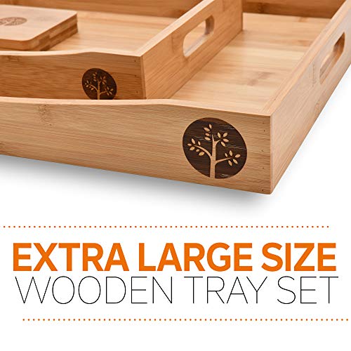 SJ Kitchen & Dining Wooden Serving Tray Set of 2 - Extra Large Tray with Handles 26" x 15" - Ottoman Coffee Table Decor & Durable Bed Tray for Serving Dishes, Premium Bamboo with 2 Coasters