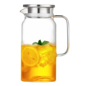 dopudo glass pitcher (40oz/1250ml) with handle and lid,stainless steel infuser, borosilicate glass water pitcher, clear beverage iced tea jug hot cold water wine coffee milk and juice glass carafe