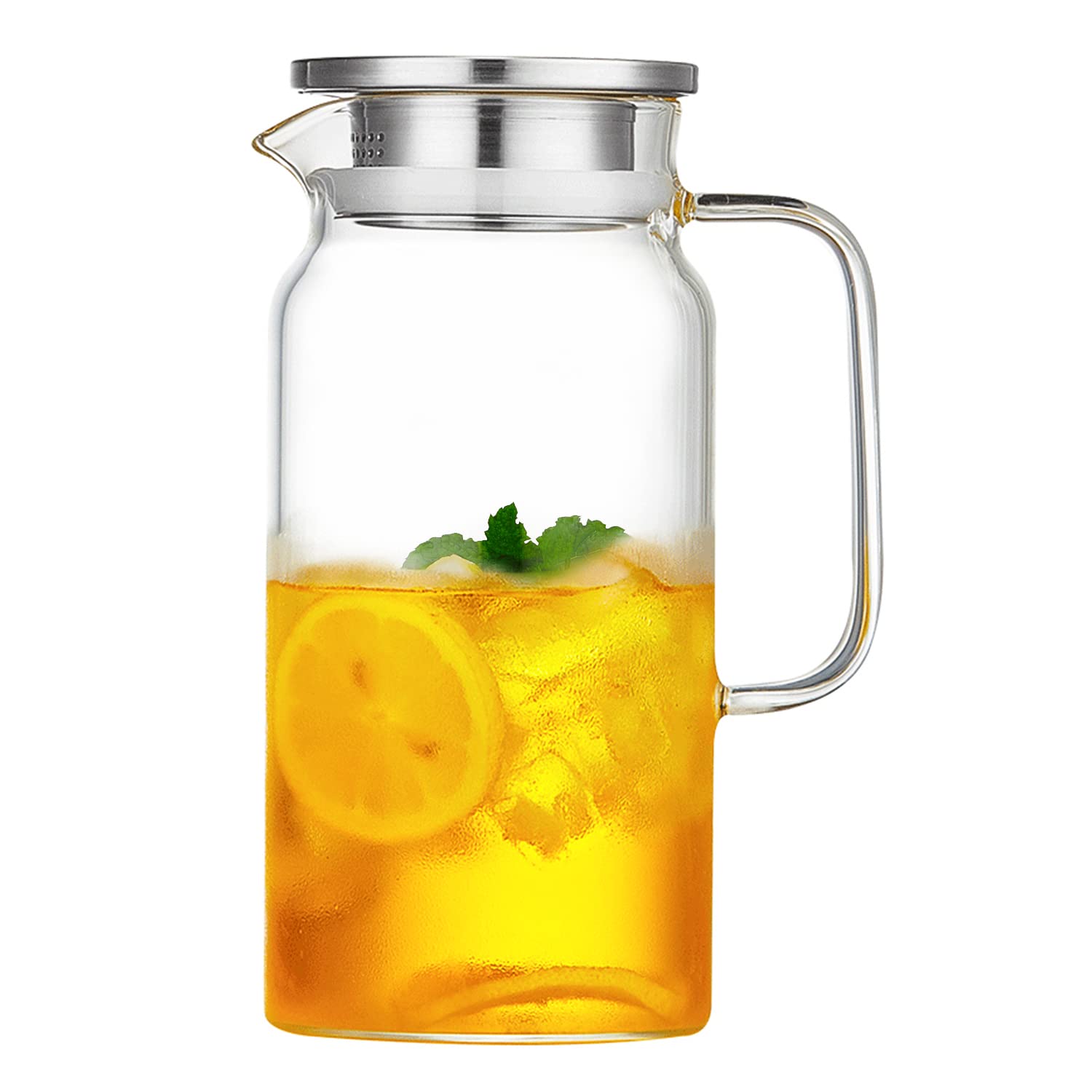 DOPUDO Glass Pitcher (40oz/1250ml) with Handle and Lid,Stainless Steel Infuser, Borosilicate Glass Water Pitcher, Clear Beverage Iced Tea Jug Hot Cold Water Wine Coffee Milk and Juice Glass Carafe