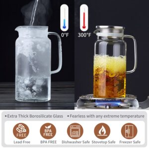 DOPUDO Glass Pitcher (40oz/1250ml) with Handle and Lid,Stainless Steel Infuser, Borosilicate Glass Water Pitcher, Clear Beverage Iced Tea Jug Hot Cold Water Wine Coffee Milk and Juice Glass Carafe