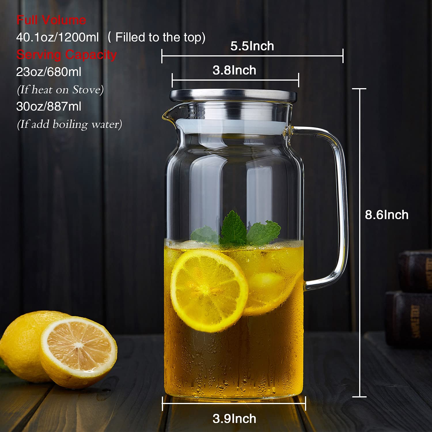 DOPUDO Glass Pitcher (40oz/1250ml) with Handle and Lid,Stainless Steel Infuser, Borosilicate Glass Water Pitcher, Clear Beverage Iced Tea Jug Hot Cold Water Wine Coffee Milk and Juice Glass Carafe