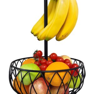 TREEZITEK Large Wire Fruit Basket Bowl Stand with Banana Hanger,Fruit Bowl with Banana holder Black