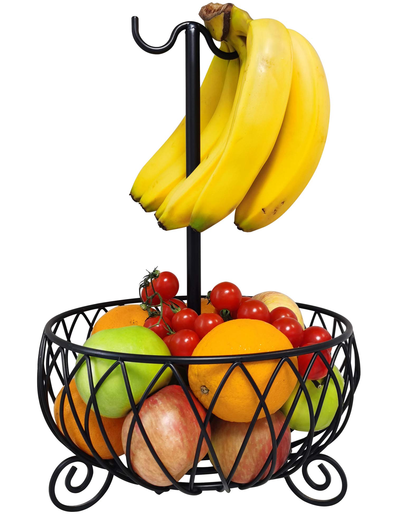 TREEZITEK Large Wire Fruit Basket Bowl Stand with Banana Hanger,Fruit Bowl with Banana holder Black