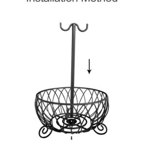 TREEZITEK Large Wire Fruit Basket Bowl Stand with Banana Hanger,Fruit Bowl with Banana holder Black