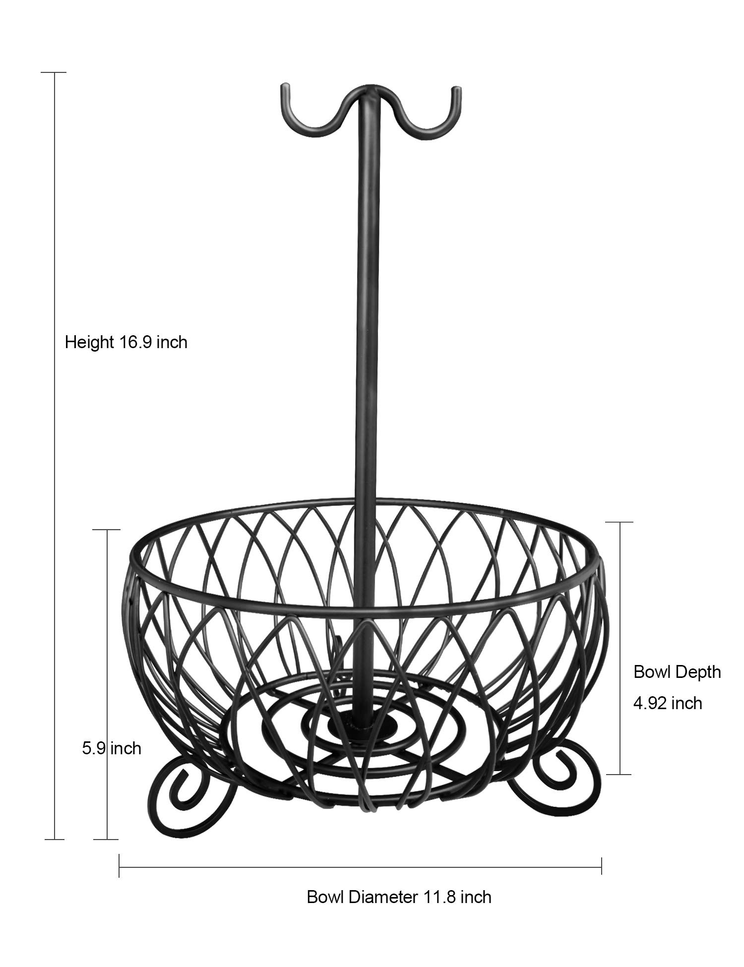 TREEZITEK Large Wire Fruit Basket Bowl Stand with Banana Hanger,Fruit Bowl with Banana holder Black