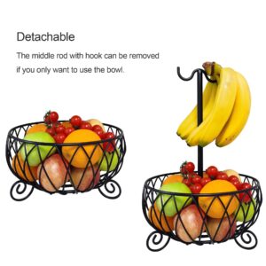 TREEZITEK Large Wire Fruit Basket Bowl Stand with Banana Hanger,Fruit Bowl with Banana holder Black