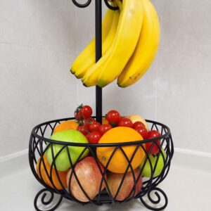 TREEZITEK Large Wire Fruit Basket Bowl Stand with Banana Hanger,Fruit Bowl with Banana holder Black