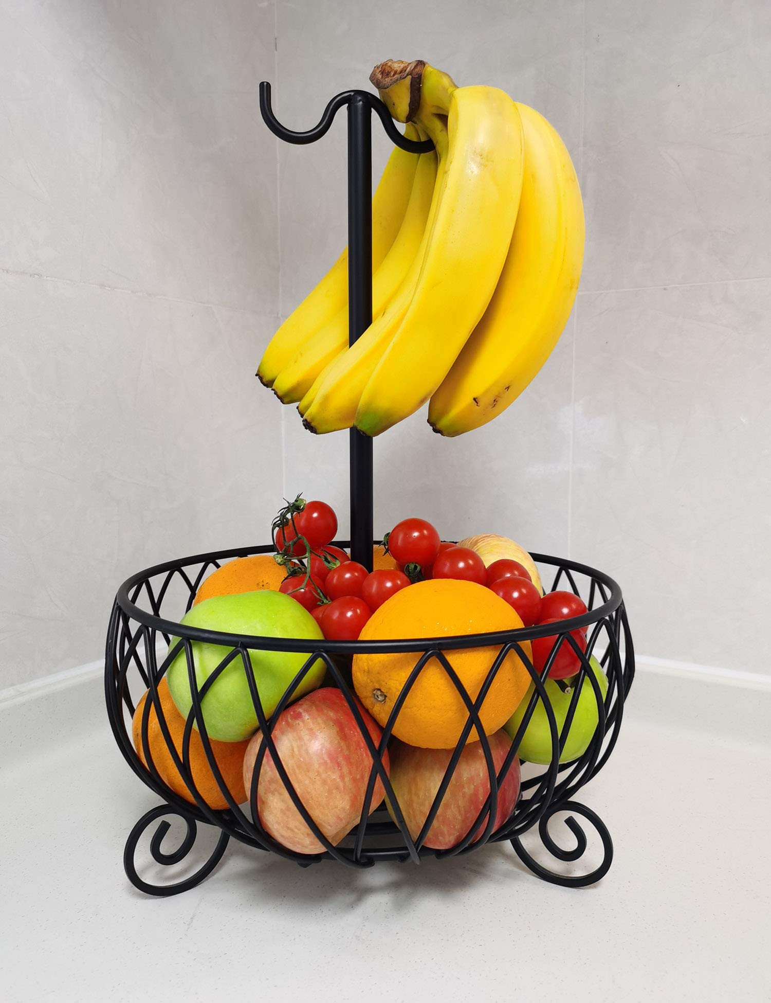 TREEZITEK Large Wire Fruit Basket Bowl Stand with Banana Hanger,Fruit Bowl with Banana holder Black