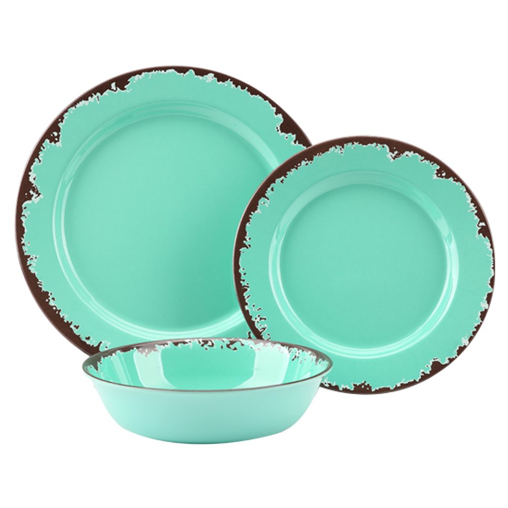 Rustic Melamine Dinnerware Set - 12 Pcs Yinshine Outdoor Camper Dinnerware Dishes Set Service for 4, Green