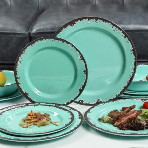 Rustic Melamine Dinnerware Set - 12 Pcs Yinshine Outdoor Camper Dinnerware Dishes Set Service for 4, Green