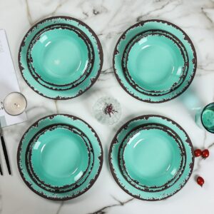 Rustic Melamine Dinnerware Set - 12 Pcs Yinshine Outdoor Camper Dinnerware Dishes Set Service for 4, Green