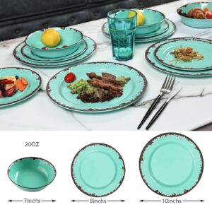 Rustic Melamine Dinnerware Set - 12 Pcs Yinshine Outdoor Camper Dinnerware Dishes Set Service for 4, Green