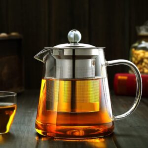 glass teapot with removable stainless steel infuser, borosilicate glass tea pot with strainer,for blooming tea & loose leaf tea, microwave & stovetop safe (33oz)