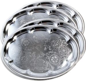 maro megastore (pack of 4) 18.1 inch x 13.3 inch traditional oval floral pattern engraved catering chrome plated serving plate mirror tray platter metal tableware holiday party large t225-4pk