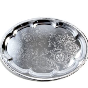 Maro Megastore (Pack of 4) 18.1 inch x 13.3 inch Traditional Oval Floral Pattern Engraved Catering Chrome Plated Serving Plate Mirror Tray Platter Metal Tableware Holiday Party Large T225-4PK