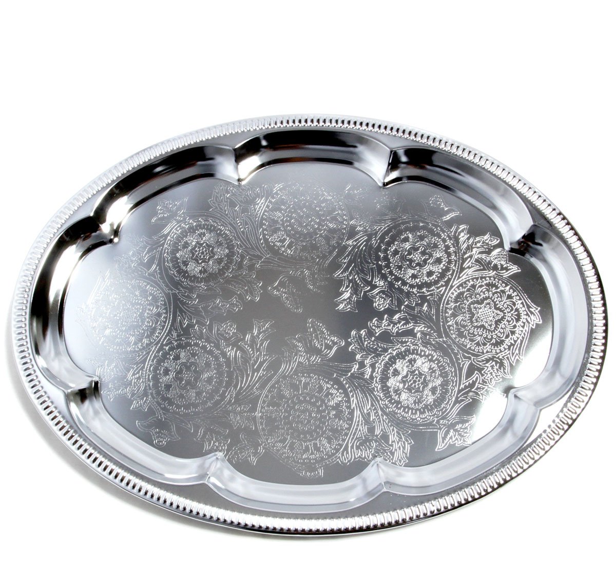 Maro Megastore (Pack of 4) 18.1 inch x 13.3 inch Traditional Oval Floral Pattern Engraved Catering Chrome Plated Serving Plate Mirror Tray Platter Metal Tableware Holiday Party Large T225-4PK