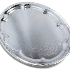 Maro Megastore (Pack of 4) 18.1 inch x 13.3 inch Traditional Oval Floral Pattern Engraved Catering Chrome Plated Serving Plate Mirror Tray Platter Metal Tableware Holiday Party Large T225-4PK