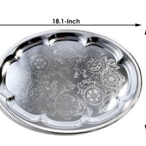 Maro Megastore (Pack of 4) 18.1 inch x 13.3 inch Traditional Oval Floral Pattern Engraved Catering Chrome Plated Serving Plate Mirror Tray Platter Metal Tableware Holiday Party Large T225-4PK