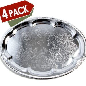 Maro Megastore (Pack of 4) 18.1 inch x 13.3 inch Traditional Oval Floral Pattern Engraved Catering Chrome Plated Serving Plate Mirror Tray Platter Metal Tableware Holiday Party Large T225-4PK