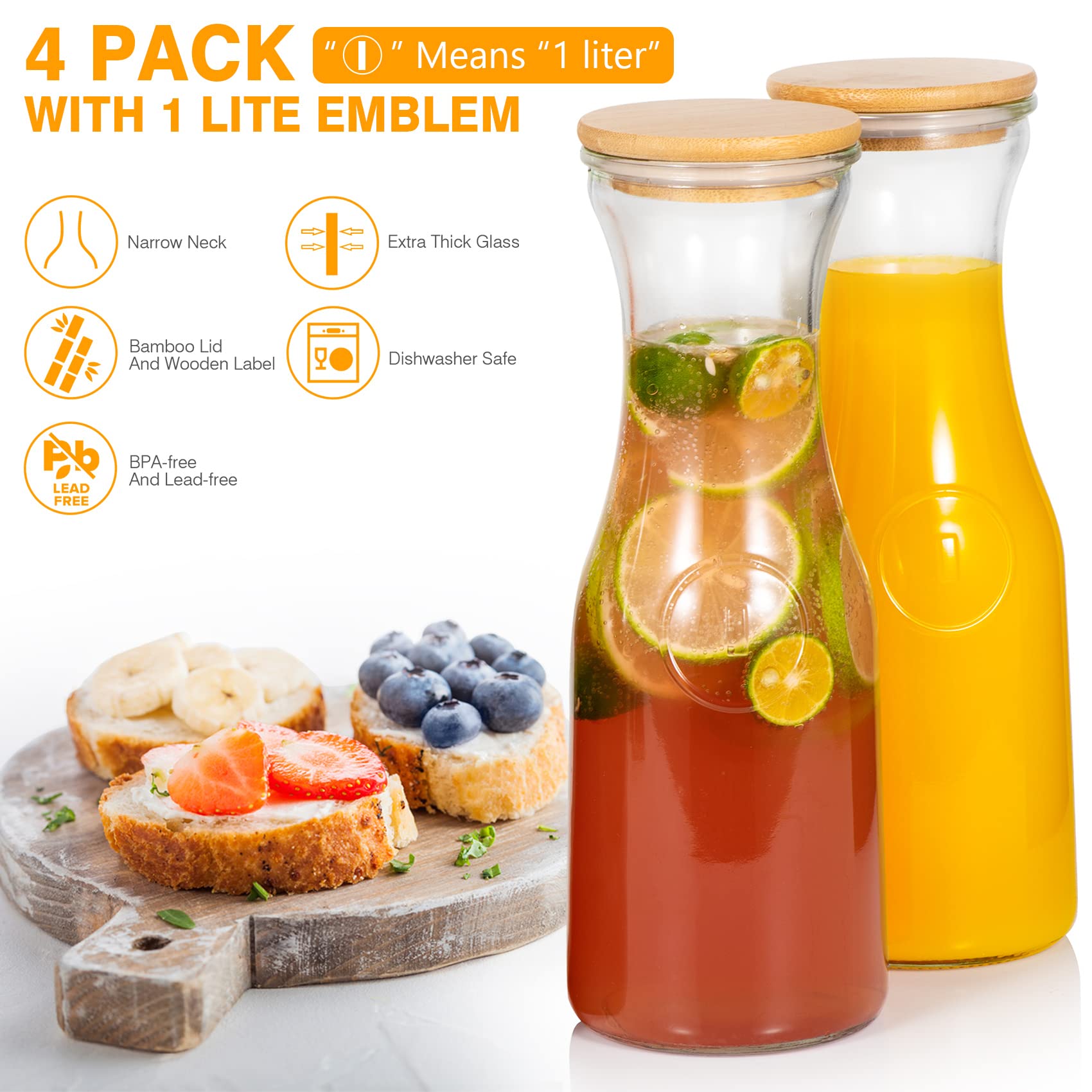 Glass Carafe Pitchers, Beverage Dispensers with Bamboo Lids and Tags, Clear Jugs For Mimosa Bar, Wine, Iced Tea, Lemonade, Milk and Juice, 35 oz, Set of 2