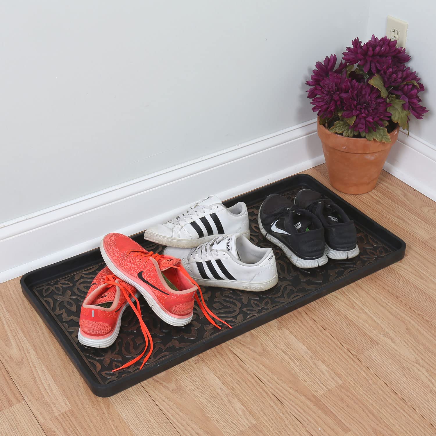 ART & ARTIFACT Rubber Boot Tray Wet Shoe Tray for Entryway Indoor Outdoor Rubber Mat Extra Large Boot Tray 32" x 16", Black, Damask