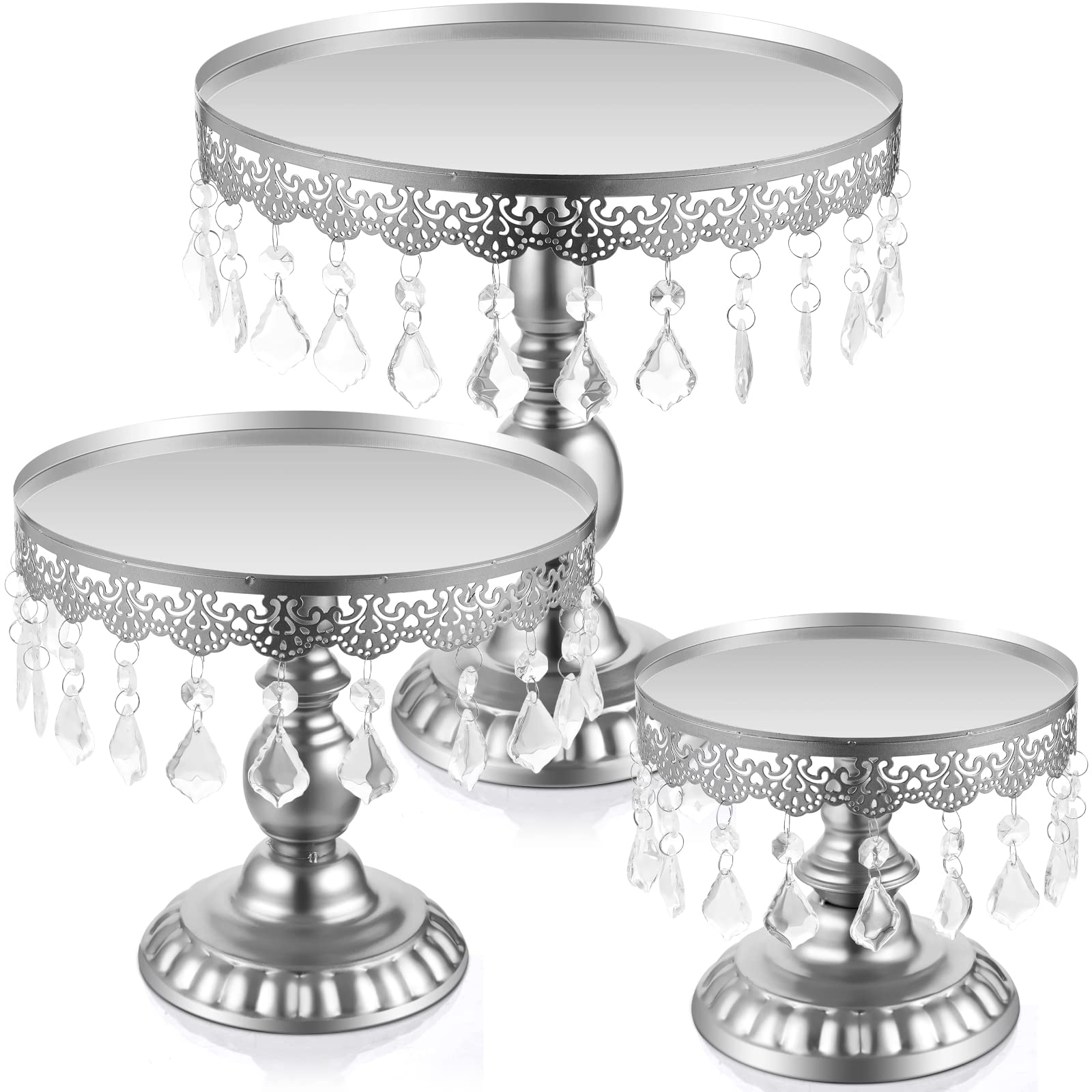 Eaasty 3 Pcs Cake Stand Set Round Cake Stand with Crystal Bling Pendants Dessert Table Display Set for Wedding Event Birthday Party Dessert Table(Silver)