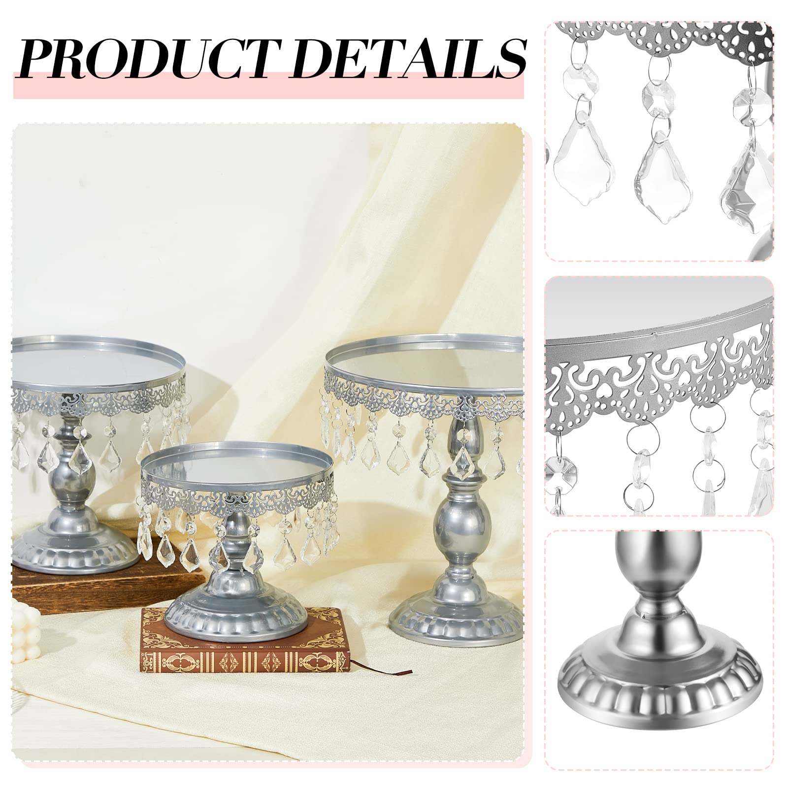 Eaasty 3 Pcs Cake Stand Set Round Cake Stand with Crystal Bling Pendants Dessert Table Display Set for Wedding Event Birthday Party Dessert Table(Silver)