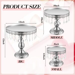 Eaasty 3 Pcs Cake Stand Set Round Cake Stand with Crystal Bling Pendants Dessert Table Display Set for Wedding Event Birthday Party Dessert Table(Silver)