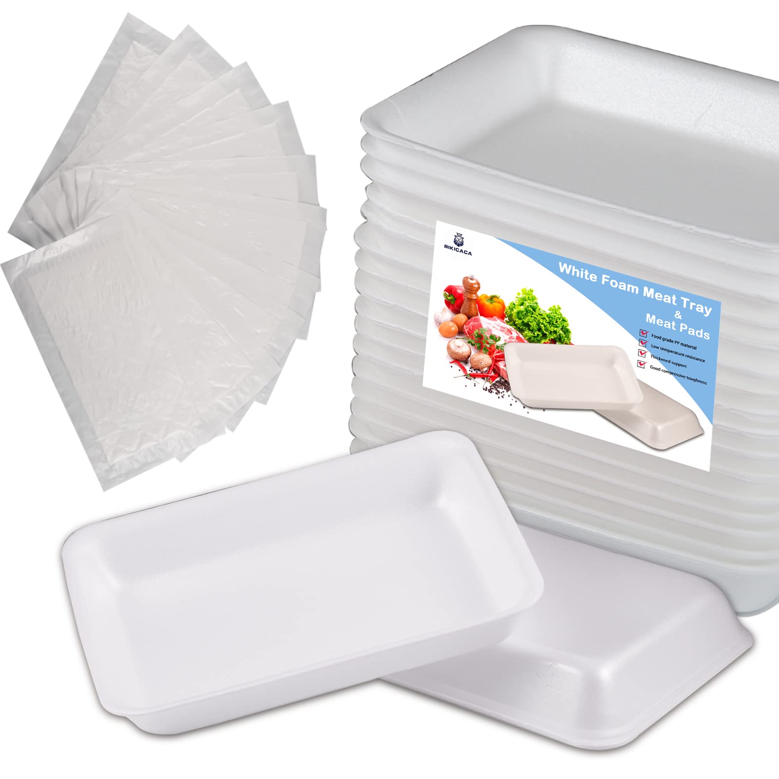 RIKICACA White Foam Meat Tray (25pcs/Pack - 8.3" x 5.9" x 1.2") with White Meat Absorbent Pad, Disposable Standard Supermarket Food Tray