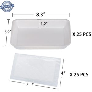 RIKICACA White Foam Meat Tray (25pcs/Pack - 8.3" x 5.9" x 1.2") with White Meat Absorbent Pad, Disposable Standard Supermarket Food Tray