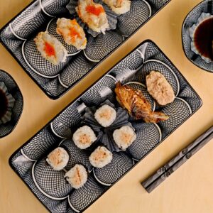 ELUSH 8 Piece Japanese Style Ceramic Sushi Plate Set 10-inch rectangle sushi dishes- 2 Sushi Plates, 2 Sauce Dishes, 2 Pairs of Chopsticks, 2 Chopsticks Holders