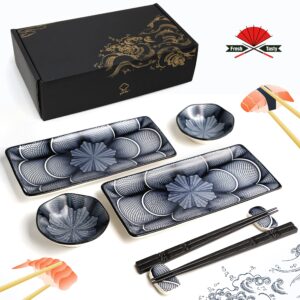 ELUSH 8 Piece Japanese Style Ceramic Sushi Plate Set 10-inch rectangle sushi dishes- 2 Sushi Plates, 2 Sauce Dishes, 2 Pairs of Chopsticks, 2 Chopsticks Holders