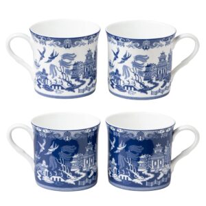 grace teaware blue willow bone china coffee tea mugs 10-ounce (2 assorted patterns, set of 4) (s17301i/c-blu-6)